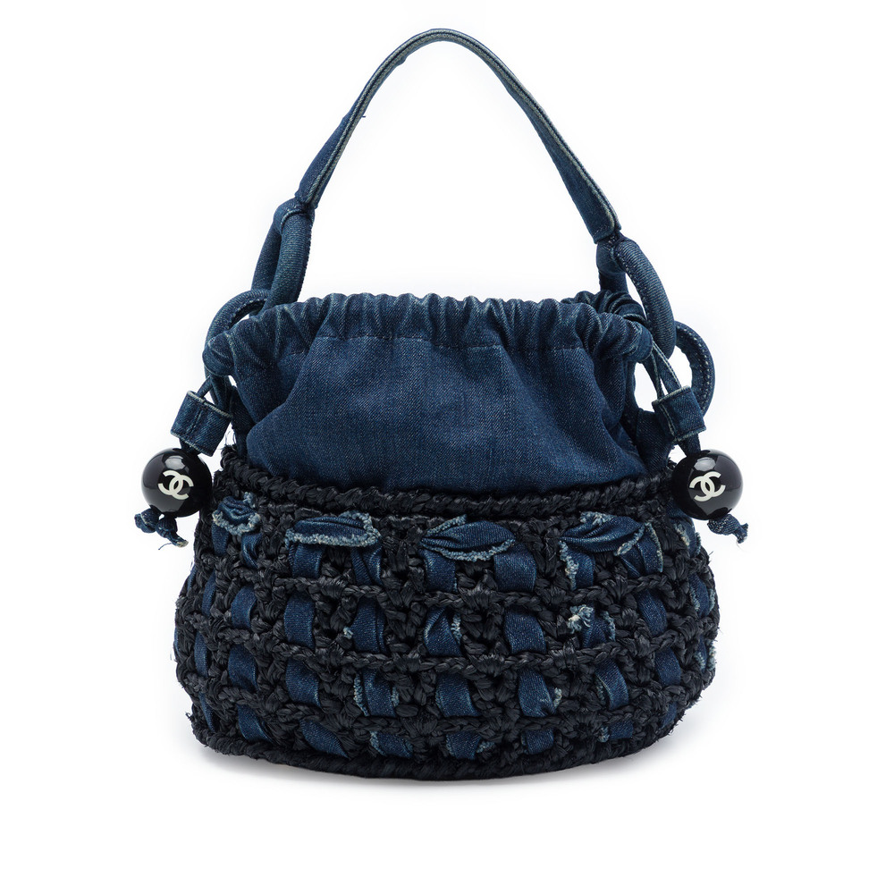 Pre-Loved Chanel CC Woven Denim and Raffia Drawstring Bucket Bag
